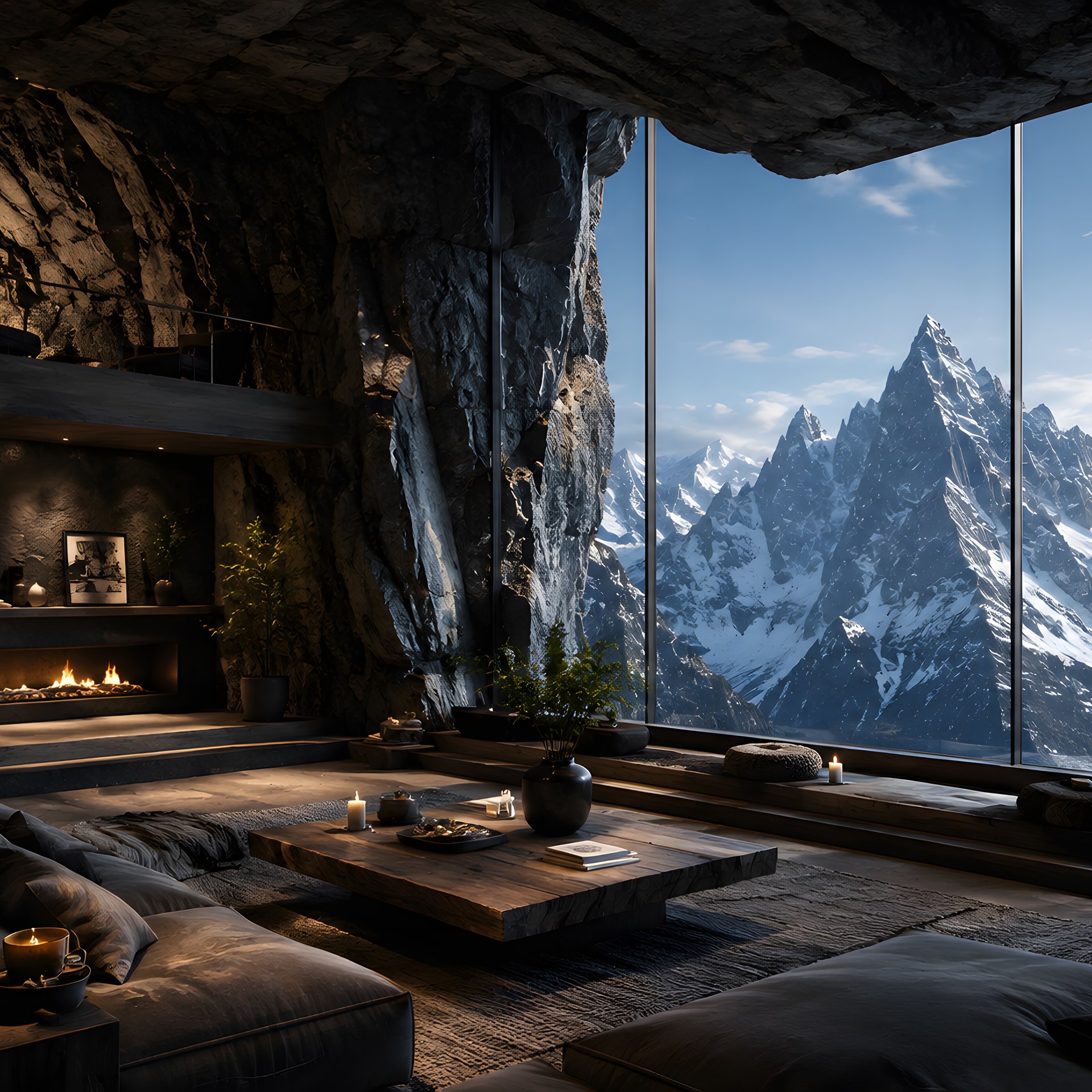 Modern living room in a cliff with mountain view - Wallpapers for Samsung Galaxy Tab in 1920x1920 resolution