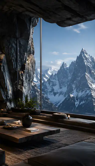 Interior design Wallpapers for Xiaomi Redmi 10C/C40/C51, Samsung Galaxy A12/A02s/A03/M12 (720x1600): modern design, living room, mountains, fireplace