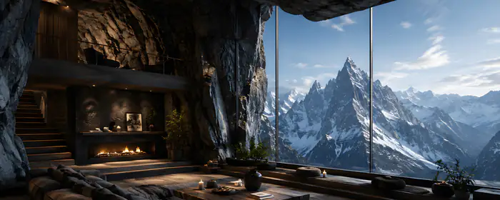 UltraWide 32:9 Interior design wallpapers (3840x1080): modern design, living room, mountains, fireplace