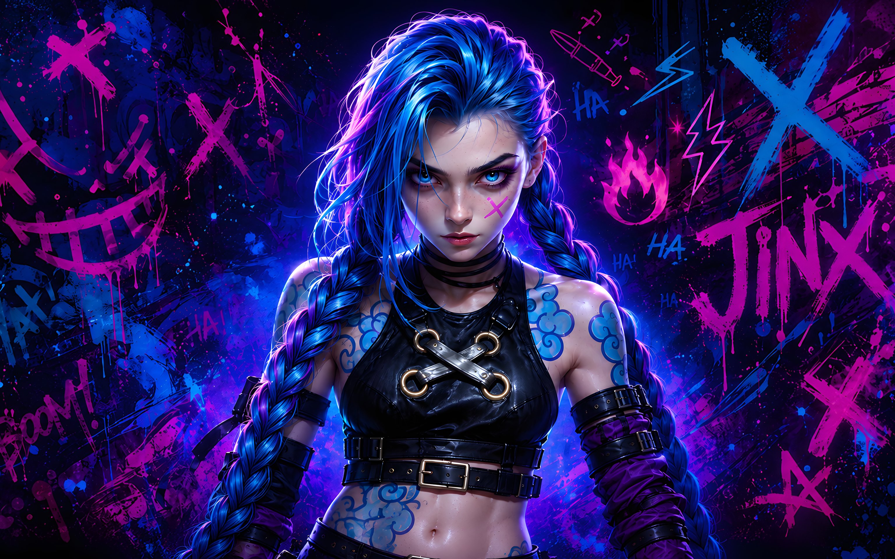 Jinx Standing Among Neon Graffiti - Wallpapers for Apple MacBook 16″ in 3072x1920 resolution