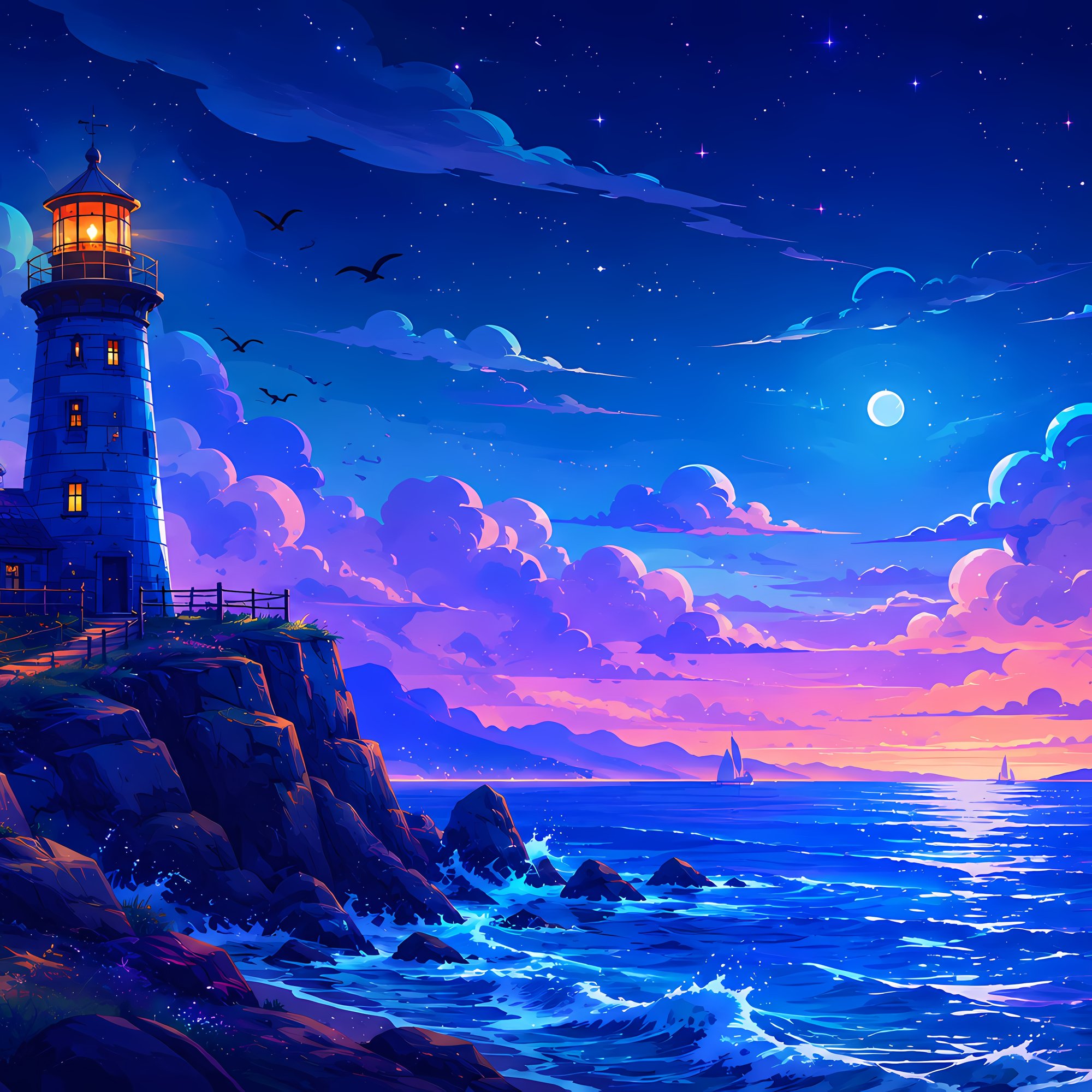 Lighthouse on a blue rock at night - Wallpapers for Samsung/Xiaomi in 2000x2000 resolution