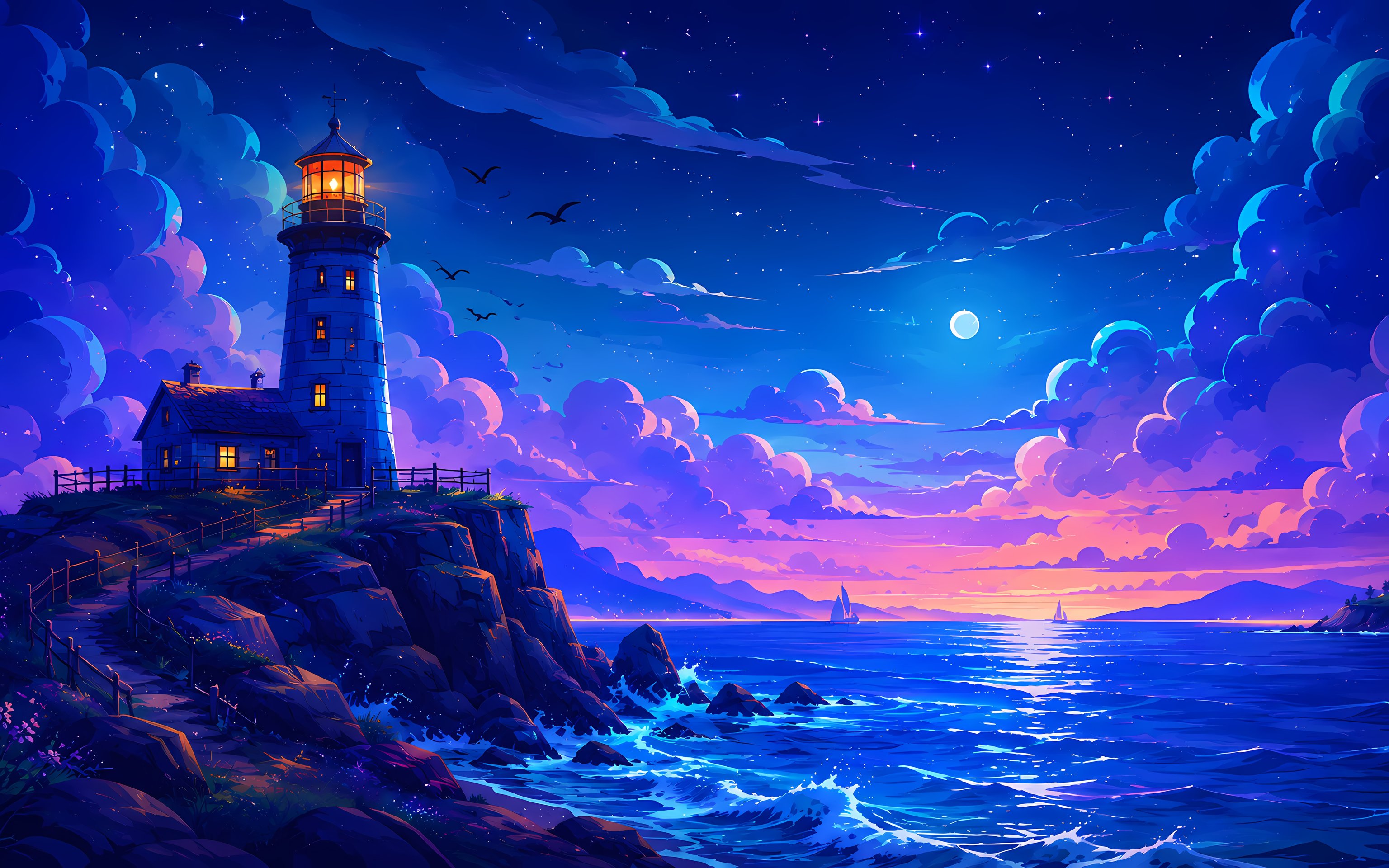 Lighthouse on a blue rock at night - Wallpapers for Apple MacBook 16″ in 3072x1920 resolution