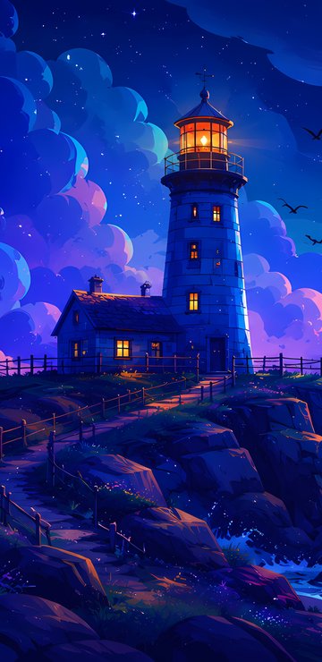 Lighthouse on a blue rock at night - Wallpapers for Samsung in 360x740 resolution