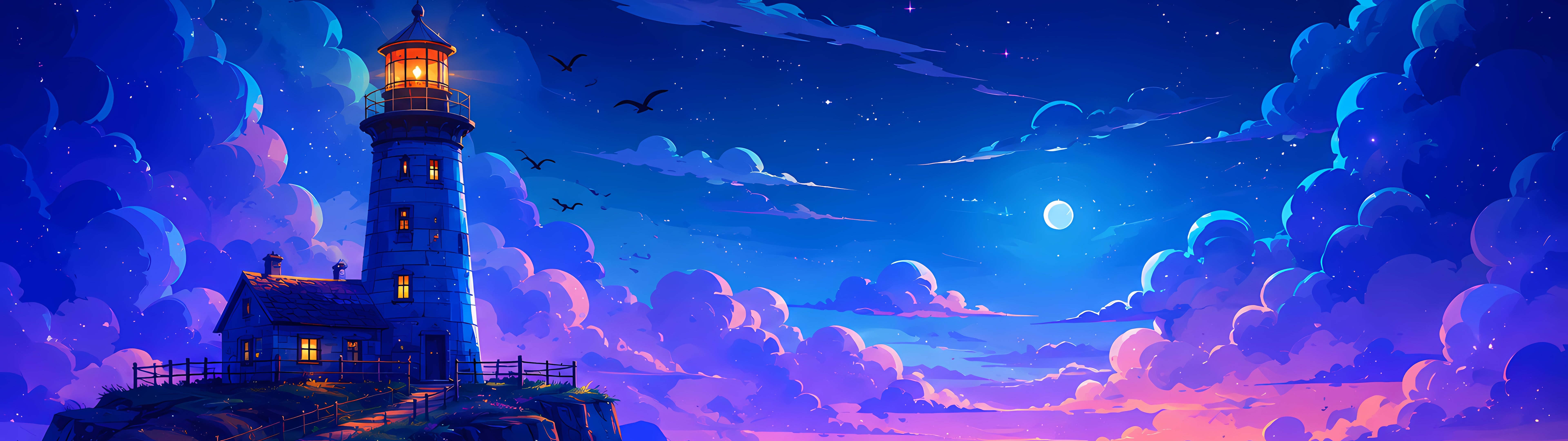 Lighthouse on a blue rock at night - Dual Monitor Wallpapers in 7680x2160 resolution