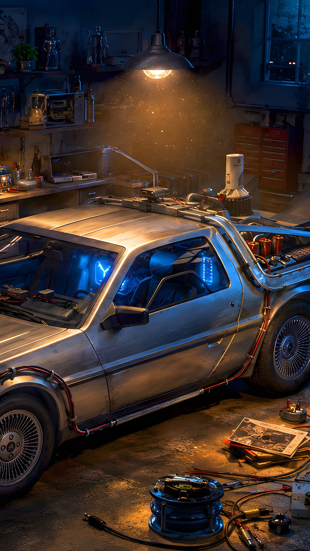 DeLorean DMC-12 в гараже мастерской - Обои для Samsung, Honor, Sony в разрешении 1080x1920