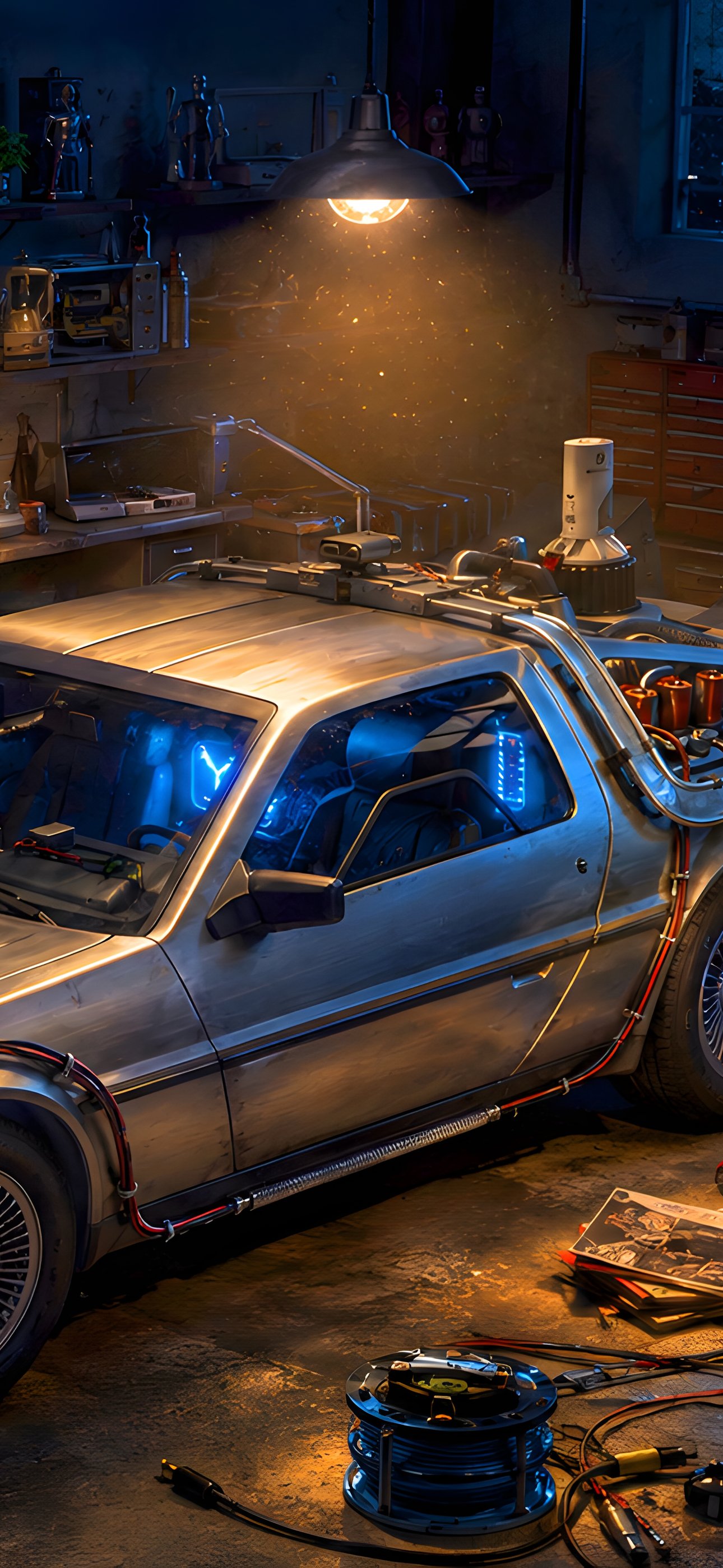 DeLorean DMC-12 Inside the Garage - Wallpapers for iPhone 15 Pro Max/14 Pro Max in 1290x2796 resolution