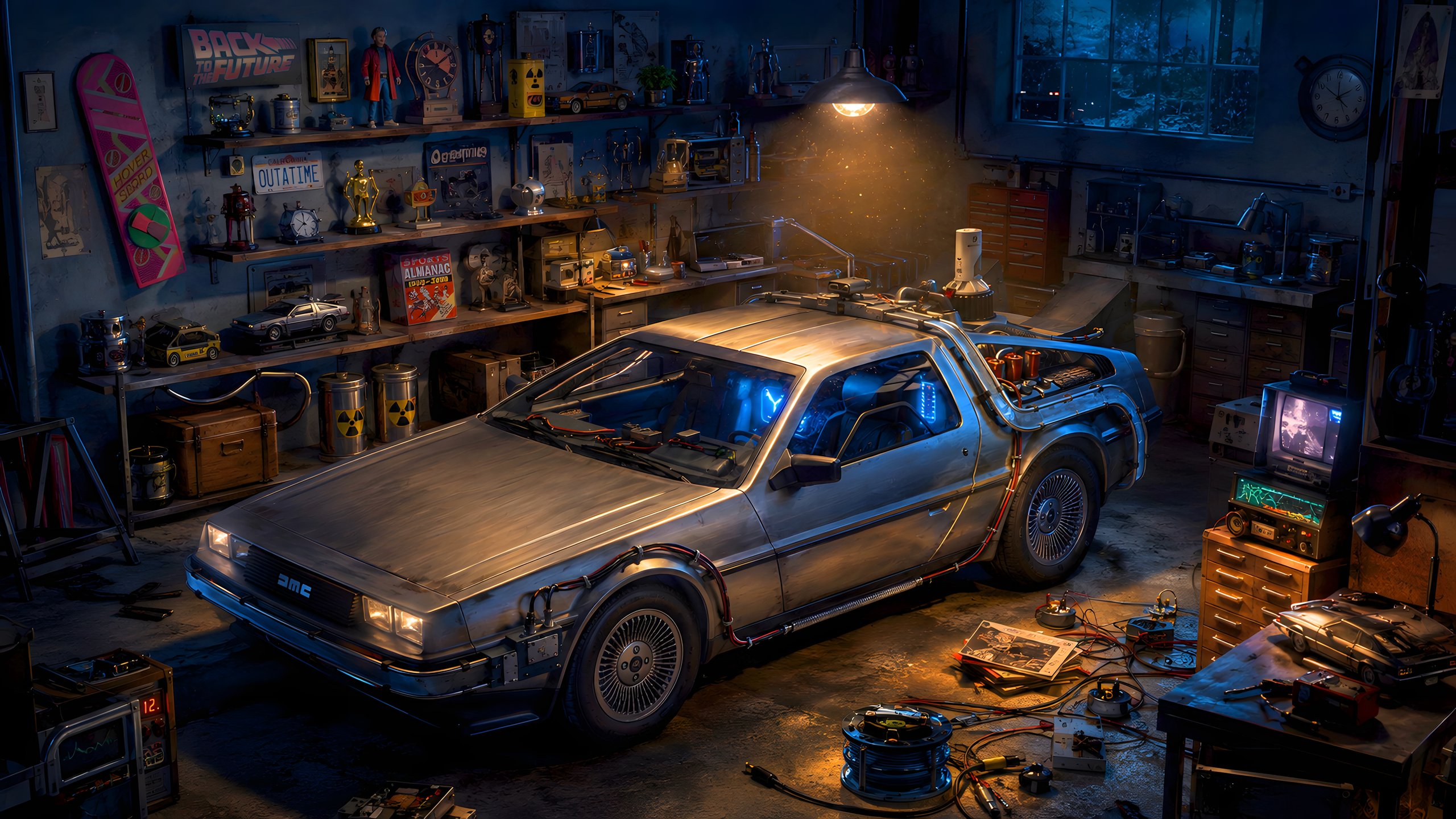 DeLorean DMC-12 в гараже мастерской - 2K Quad HD обои в разрешении 2560x1440