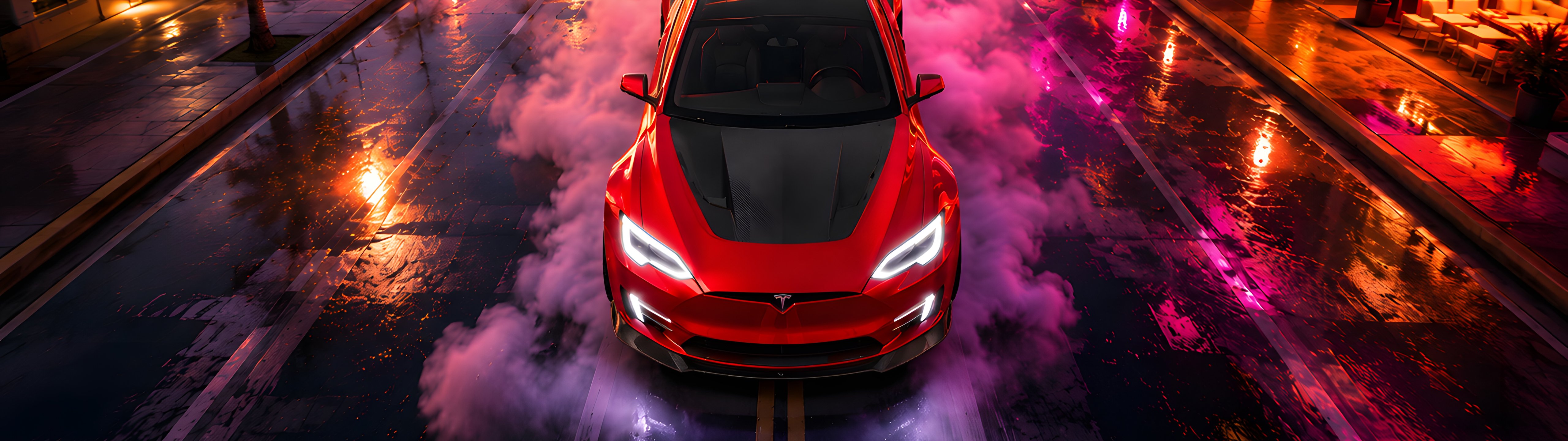 Tesla Model S Plaid в обвесе Vorsteiner в Майами - UltraWide 32:9 обои в разрешении 5120x1440