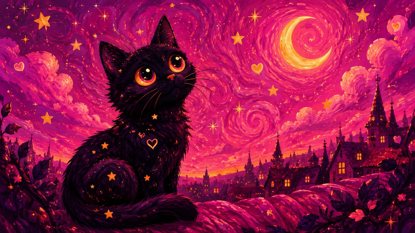 Black Kitten Under a Crescent Moon - Laptop Wallpapers in 1366x768 resolution
