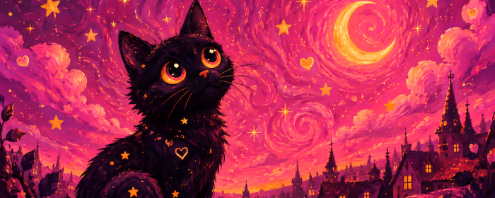 Dual Monitor Wallpapers Cute animals (7680x2160): kitten, crescent moon, village, stars