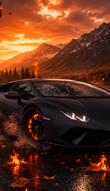 Обои машины: Lamborghini Huracán, горы, красочный закат, озеро