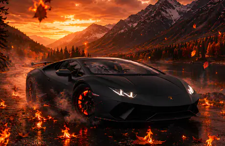 XVGA wallpapers (1024x768): Lamborghini Huracán, mountains, colorful sunset, lake