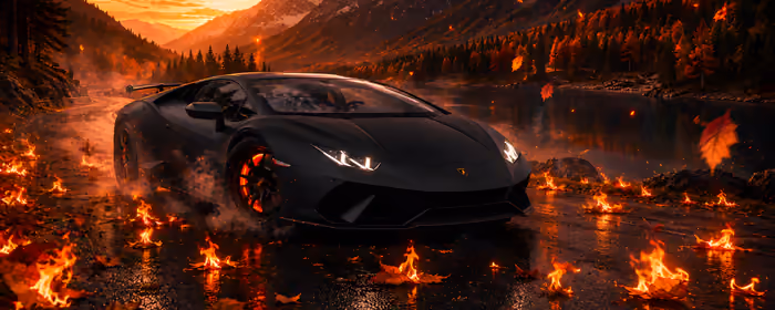 Обои машины: Lamborghini Huracán, горы, красочный закат, озеро