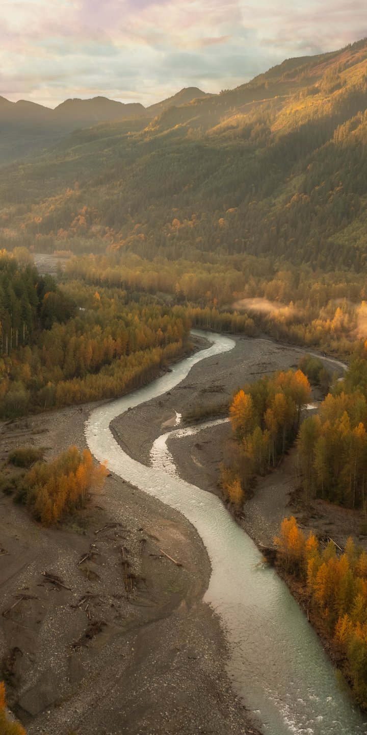 Mountains and a winding stream in autumn - Wallpapers for Samsung Galaxy A03s, Xiaomi Redmi 7A, POCO C3 in 720x1440 resolution