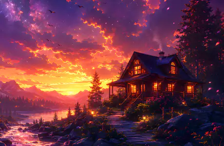 8K wallpapers (7680x4320): villa, colorful sunset, river, mountains