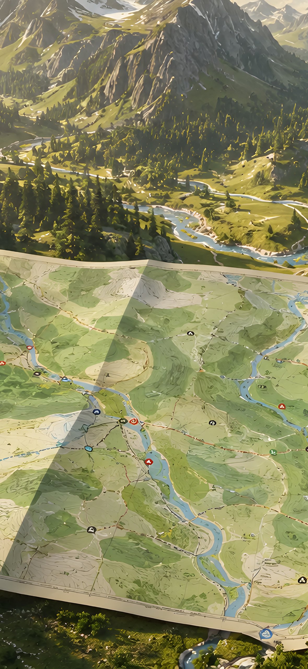 Mountain Valley Map with River - Wallpapers for iPhone 14 Pro/15 Pro in 1179x2556 resolution