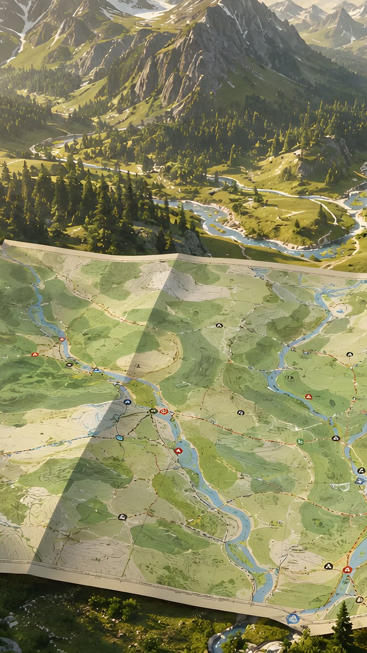 Mountain Valley Map with River - Wallpapers for iPhone 6/6S/7/8/SE2/SE3 in 750x1334 resolution