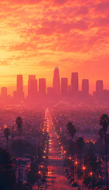 Los Angeles Wallpapers for Samsung Galaxy A13/A14/A53, Realme 12 Pro 5G, POCO M5 (1080x2408): Los Angeles, colorful sunset, skyscrapers, skyline
