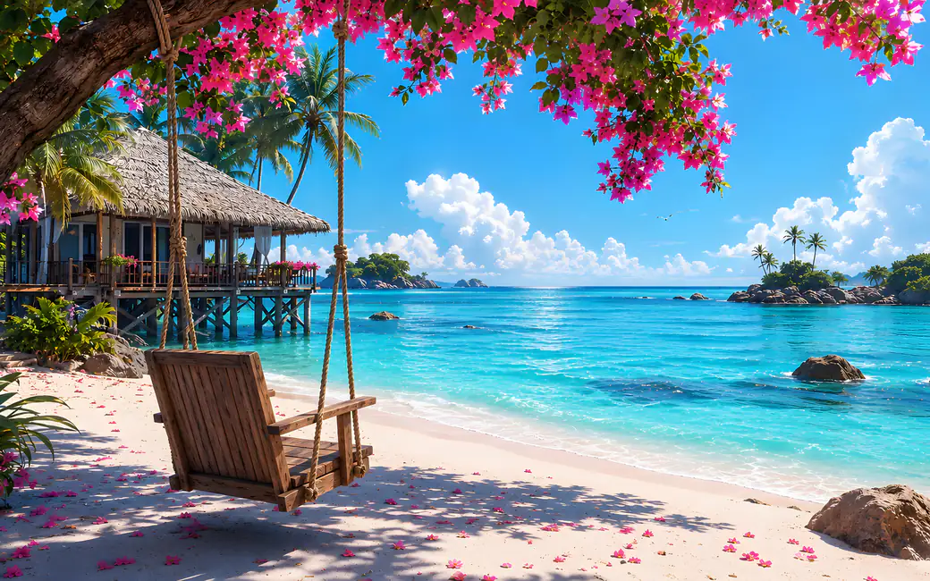 Tropical Beach Bungalow by Ocean — desktop and phone wallpaper, free download