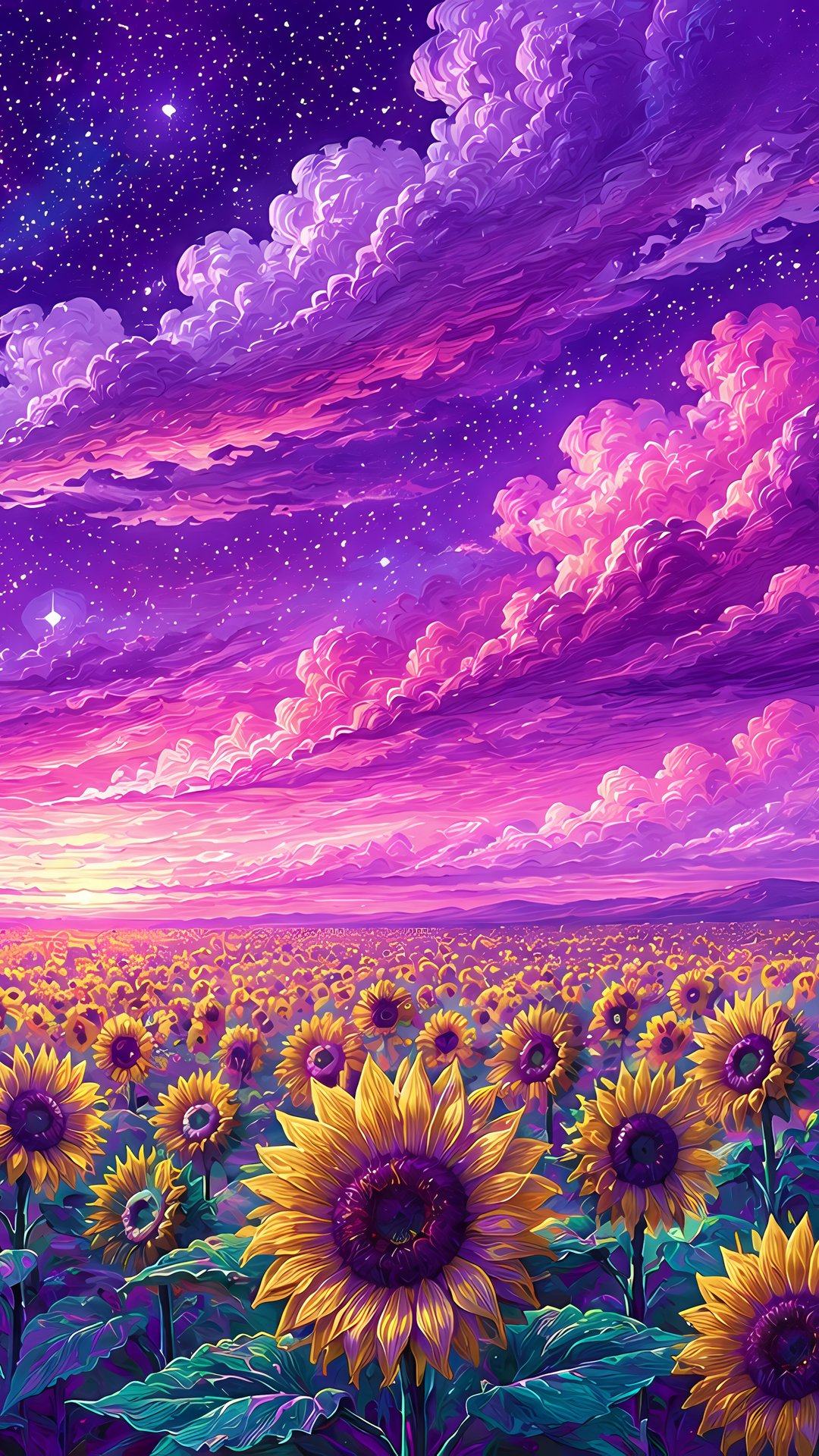 Field of sunflowers under a purple sky - Wallpapers for Samsung, Honor, Sony in 1080x1920 resolution