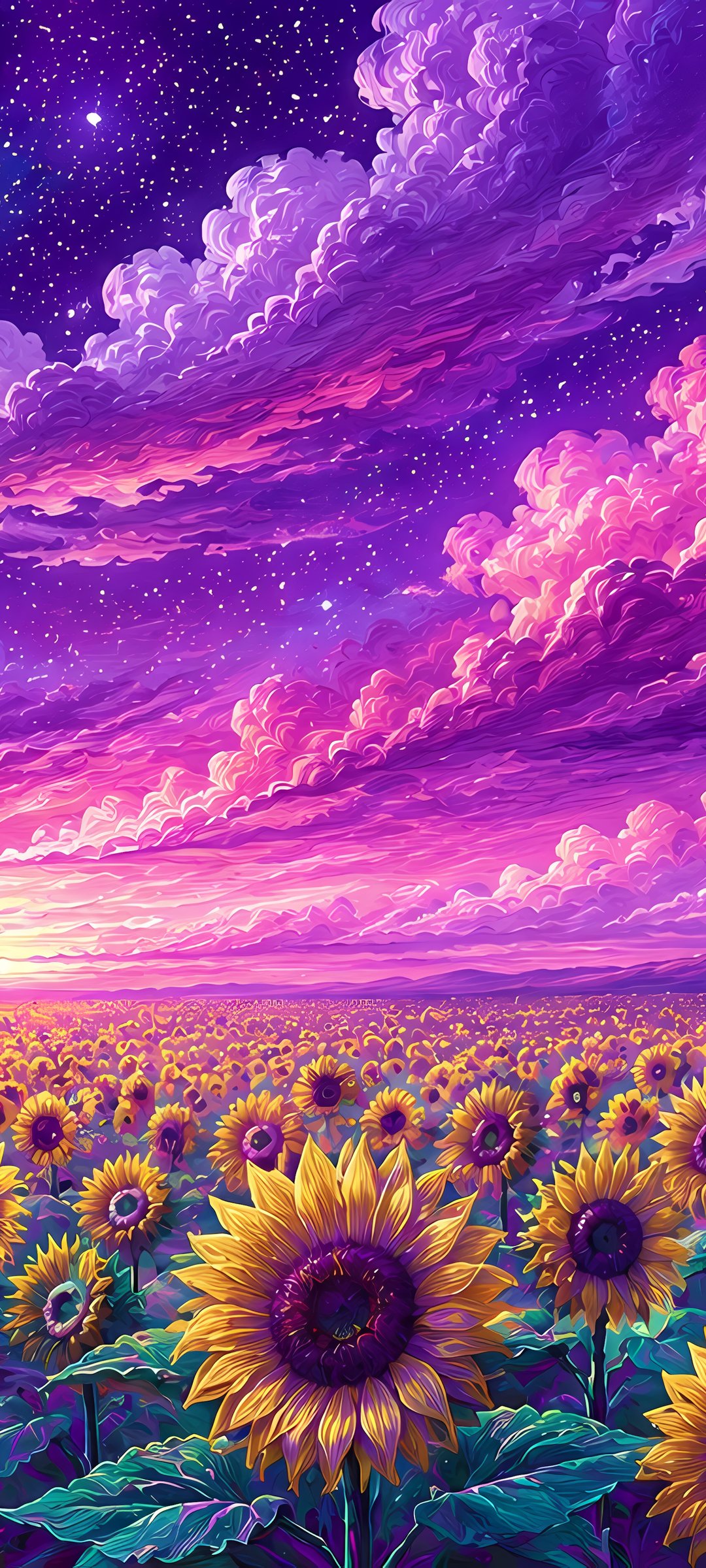 Field of sunflowers under a purple sky - Wallpapers for Samsung Galaxy M55, POCO M4/X4/X5, Xiaomi Redmi 12/13/Note 13/Note 14/Note 14S in 1080x2400 resolution