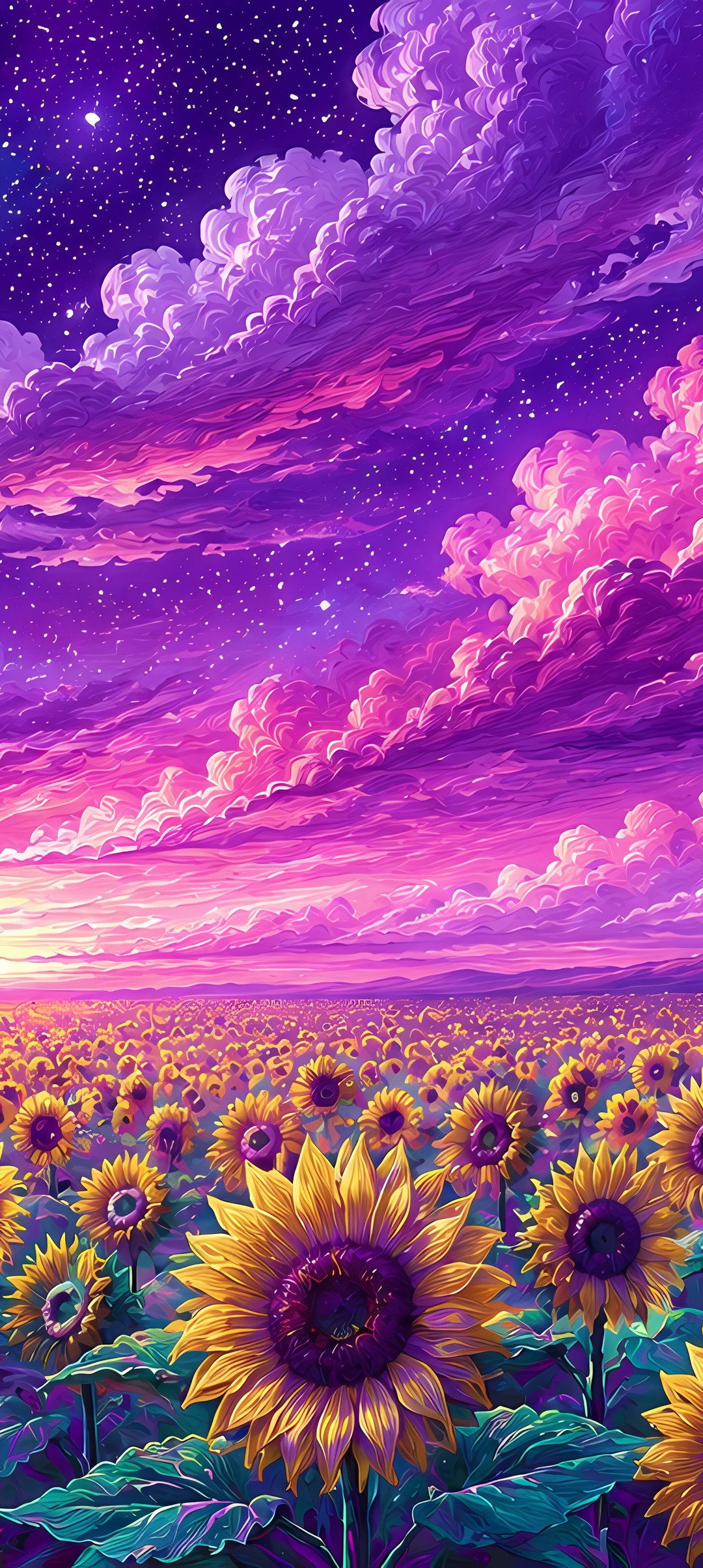 Field of sunflowers under a purple sky - Wallpapers for Samsung Galaxy A13/A14/A53, Realme 12 Pro 5G, POCO M5 in 1080x2408 resolution
