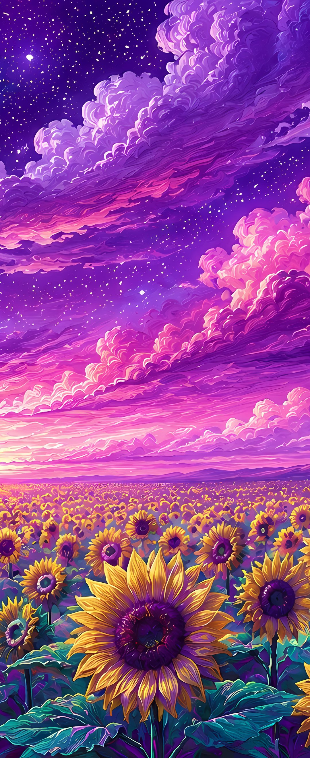 Field of sunflowers under a purple sky - Wallpapers for Samsung Galaxy Z Flip6, Motorola Razr 2025 in 1080x2640 resolution