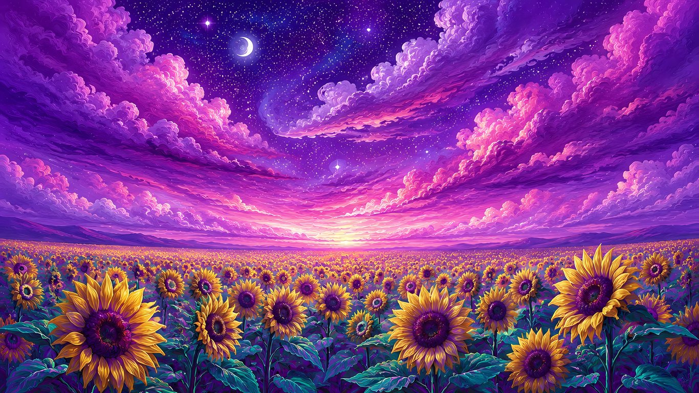 Field of sunflowers under a purple sky - Laptop Wallpapers in 1366x768 resolution