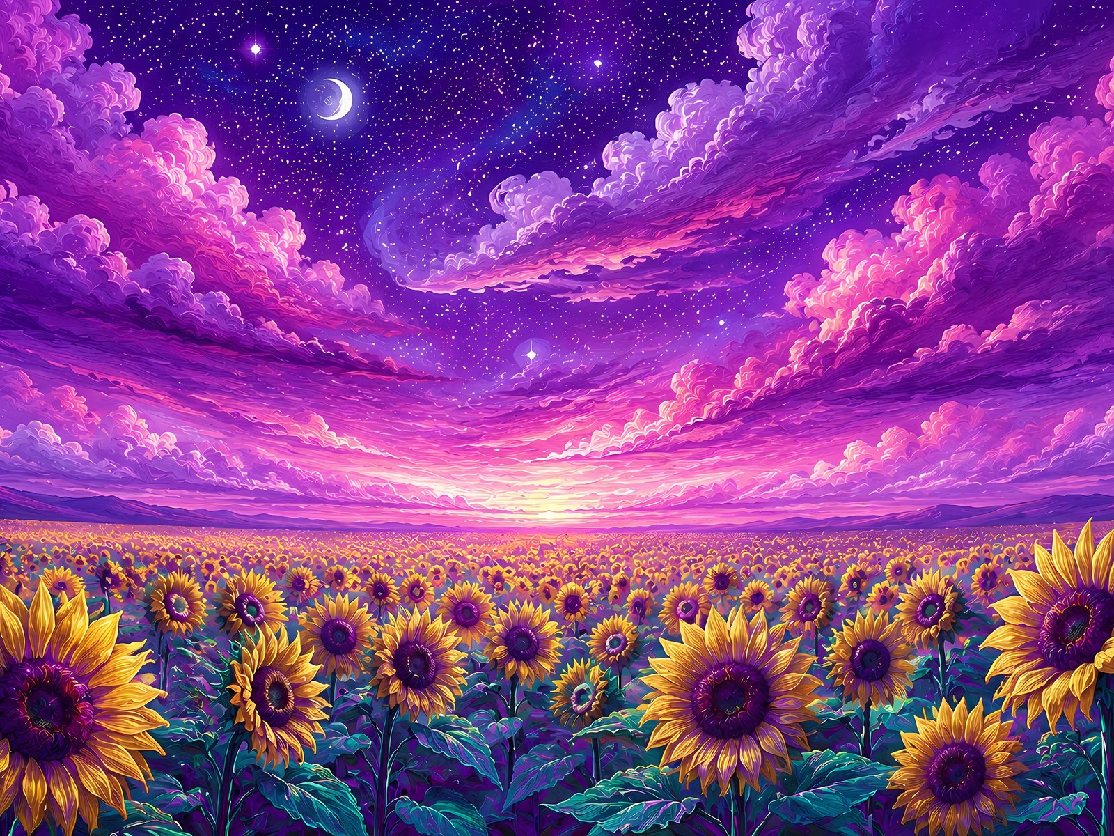Field of sunflowers under a purple sky - UXGA wallpapers in 1600x1200 resolution