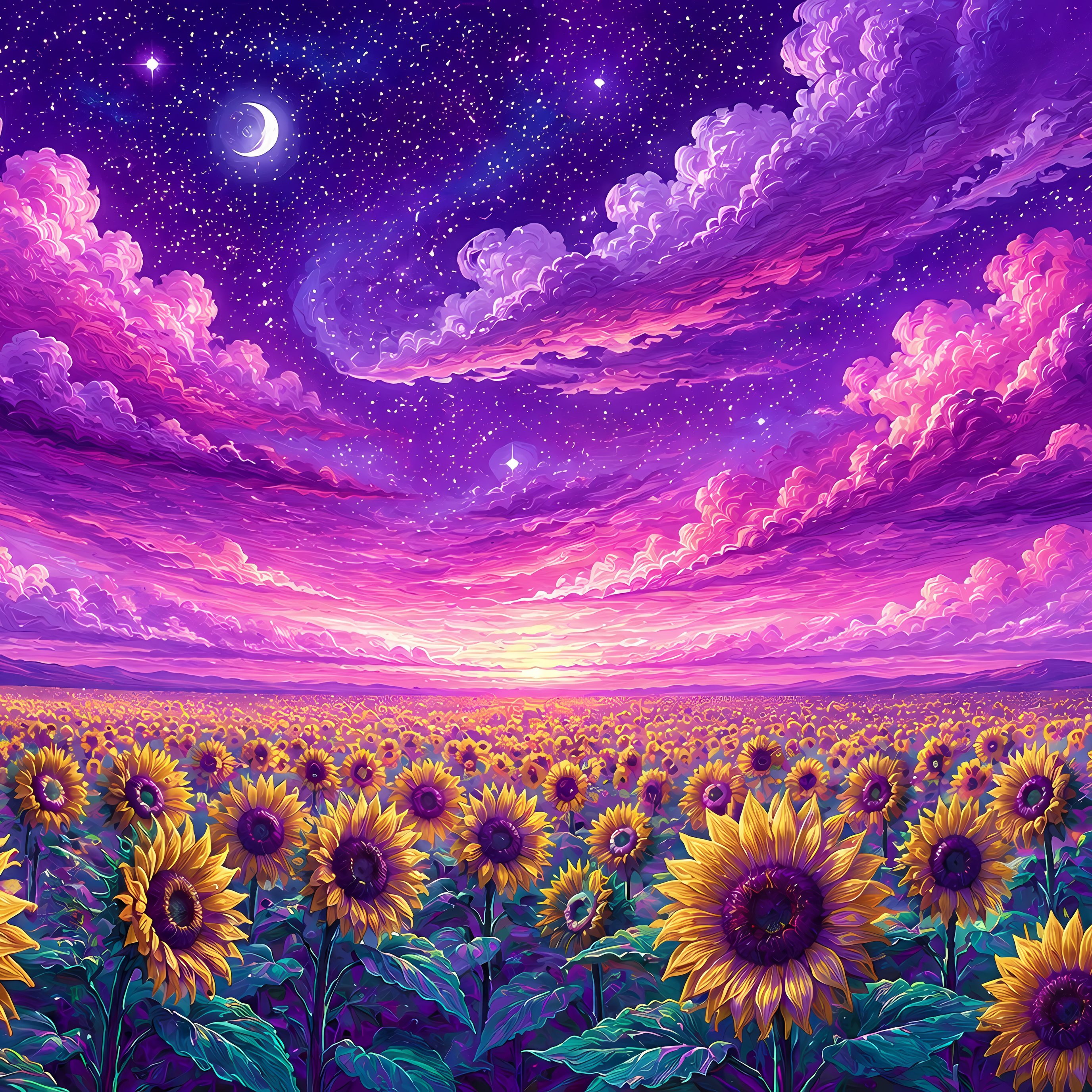 Field of sunflowers under a purple sky - Wallpapers for iPad Pro 13″ in 2752x2752 resolution