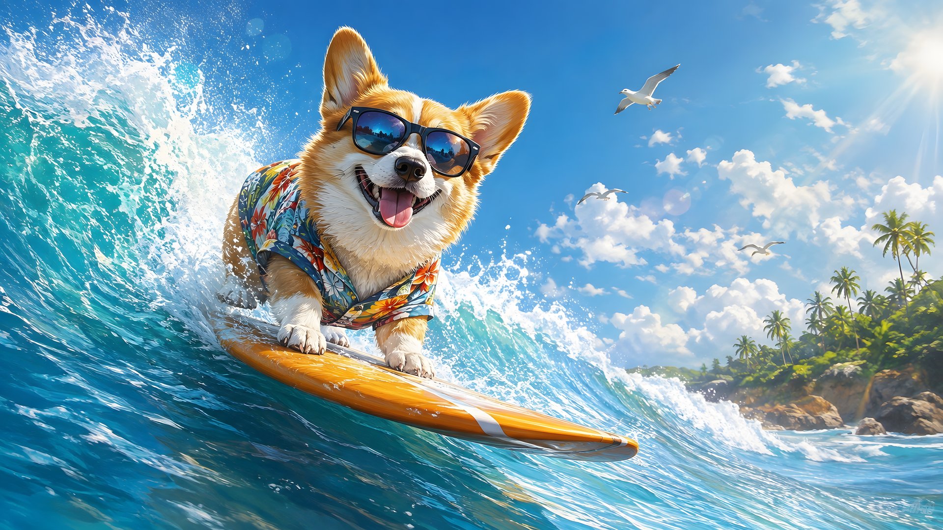 Cute corgi on a surfboard - Full HD wallpapers in 1920x1080 resolution