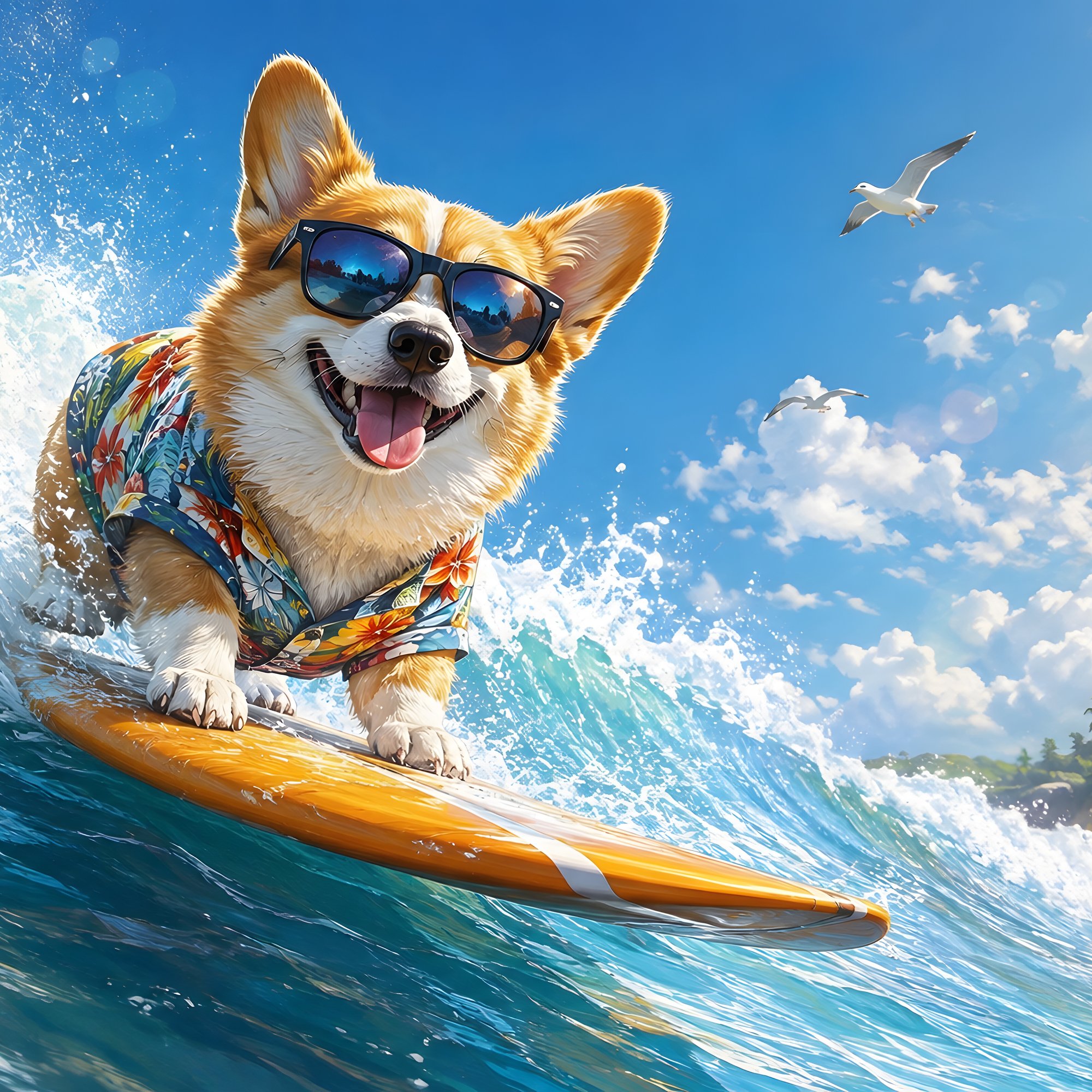 Cute corgi on a surfboard - Wallpapers for Samsung/Xiaomi in 2000x2000 resolution