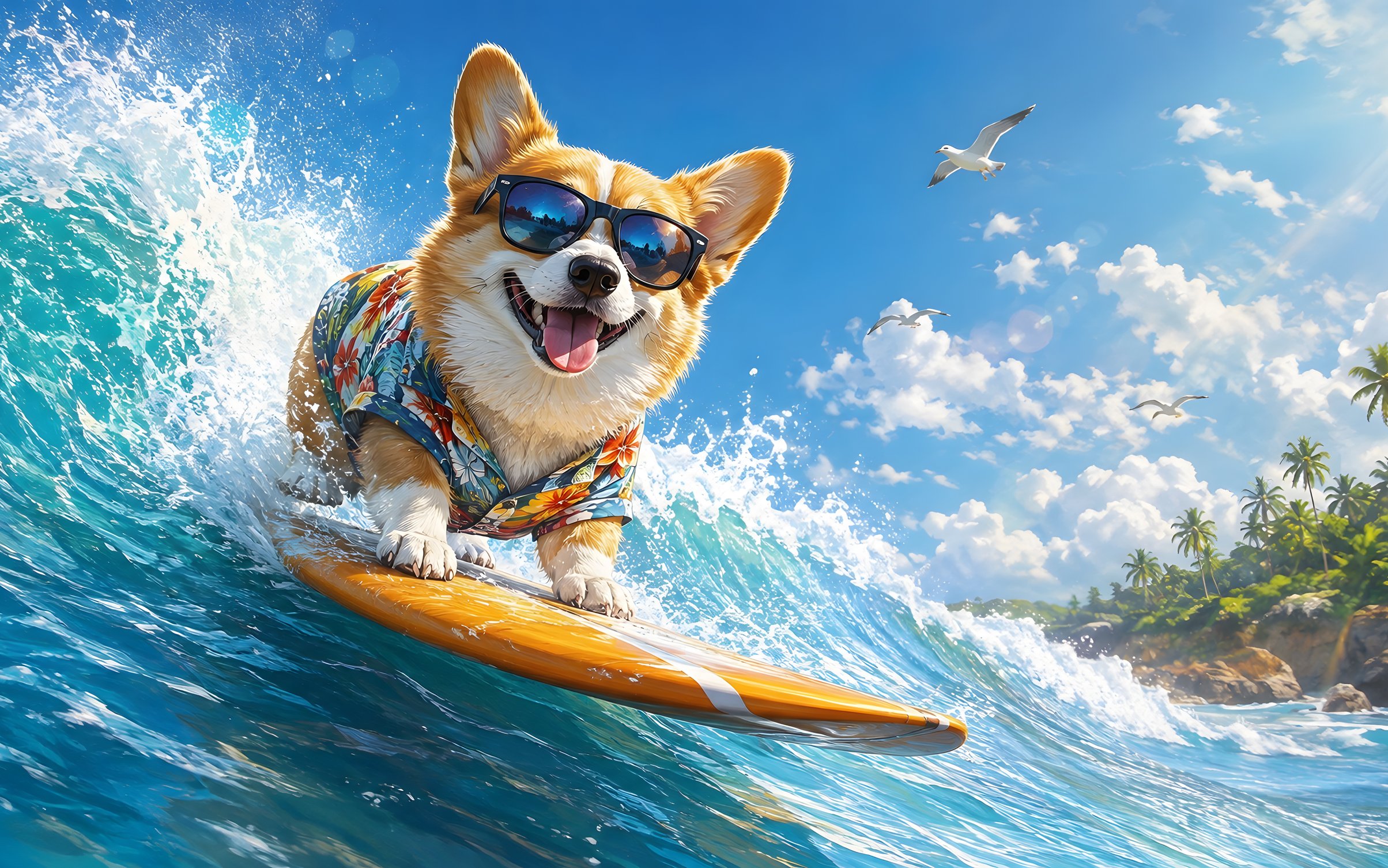 Cute corgi on a surfboard - Wallpapers for MacBook Neo in 2408x1506 resolution