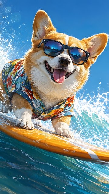 Cute corgi on a surfboard - Wallpapers for Nokia, Samsung in 360x640 resolution