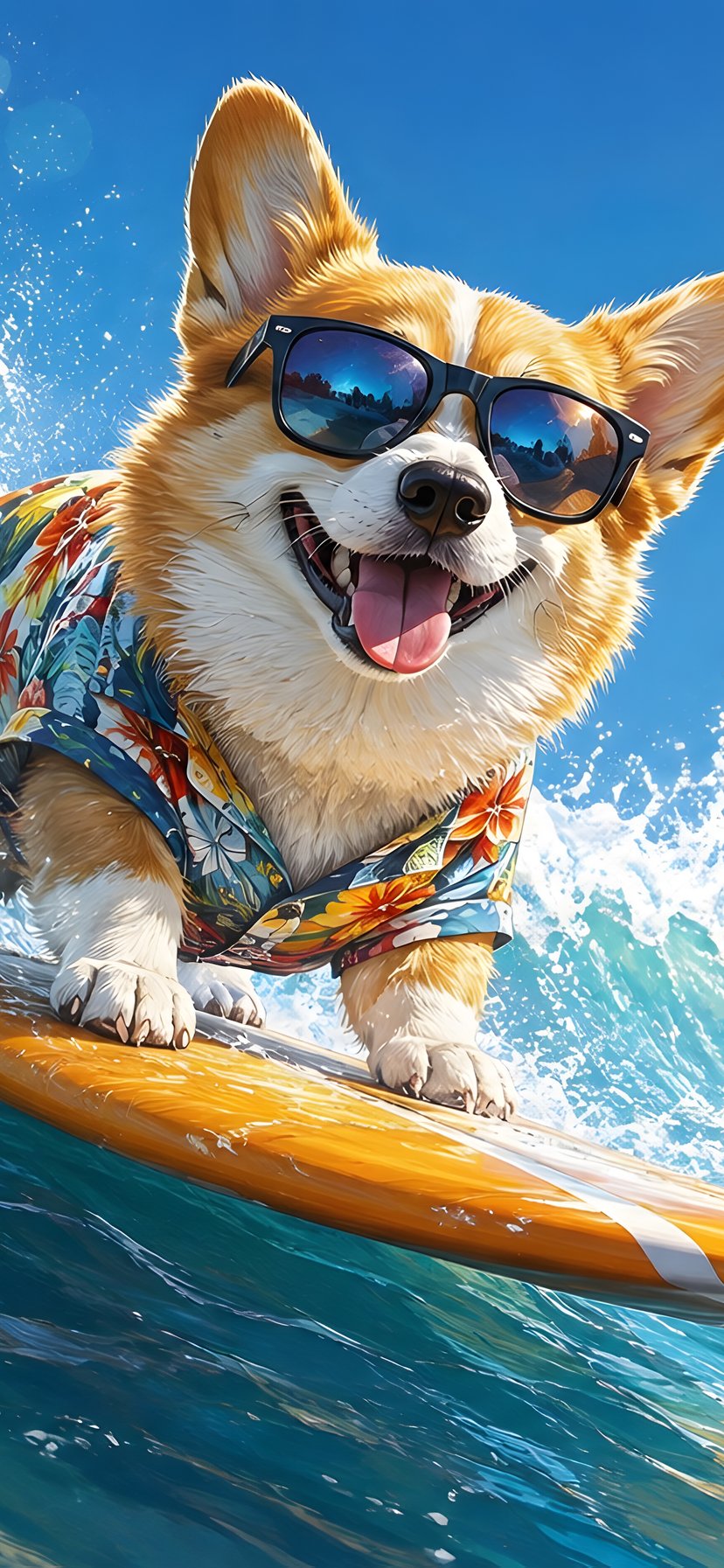 Cute corgi on a surfboard - Wallpapers for iPhone 11/XR in 828x1792 resolution