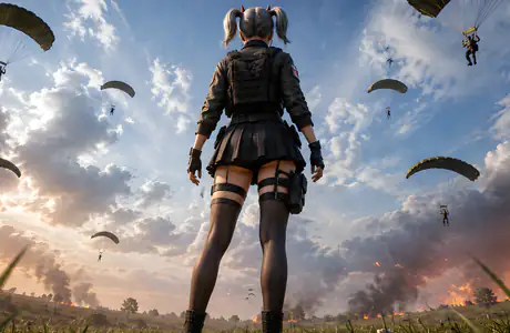 Laptop Wallpapers (1366x768): PUBG: Battlegrounds, woman, battle, parachute