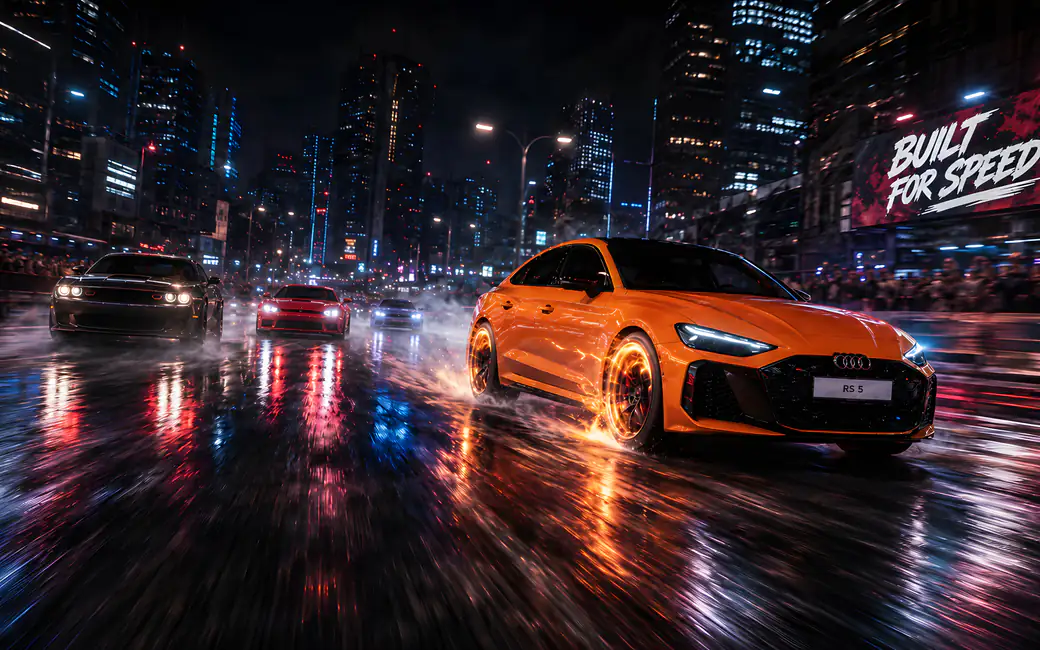 Ночная гонка Audi RS 5 и Dodge Challenger — обои на рабочий стол и телефон