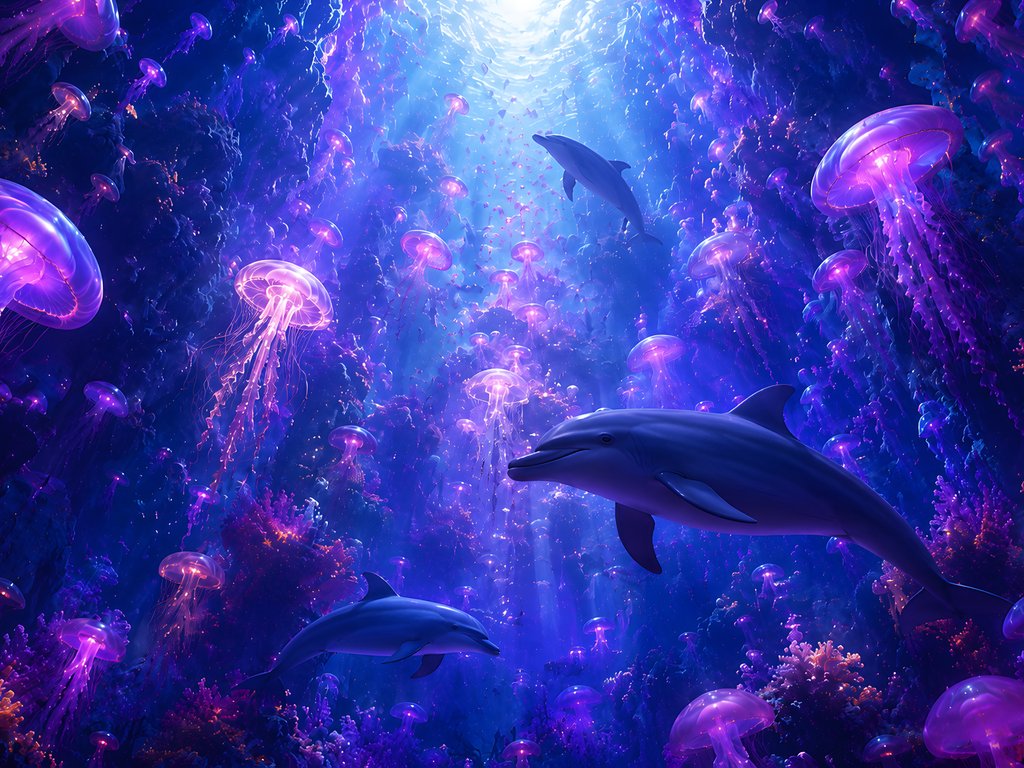 Jellyfish and Dolphins Underwater - XVGA wallpapers in 1024x768 resolution