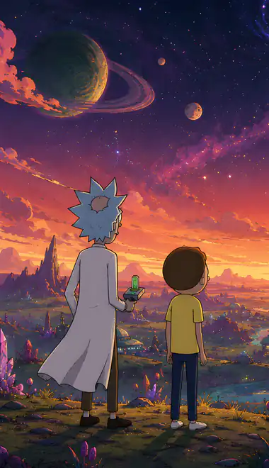 Wallpapers for iPhone 17 Pro/17/16 Pro (1206x2622): Rick and Morty, fairy world, mountains, river