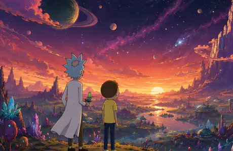 Wallpapers for iPad Retina (2048x2048): Rick and Morty, fairy world, mountains, river