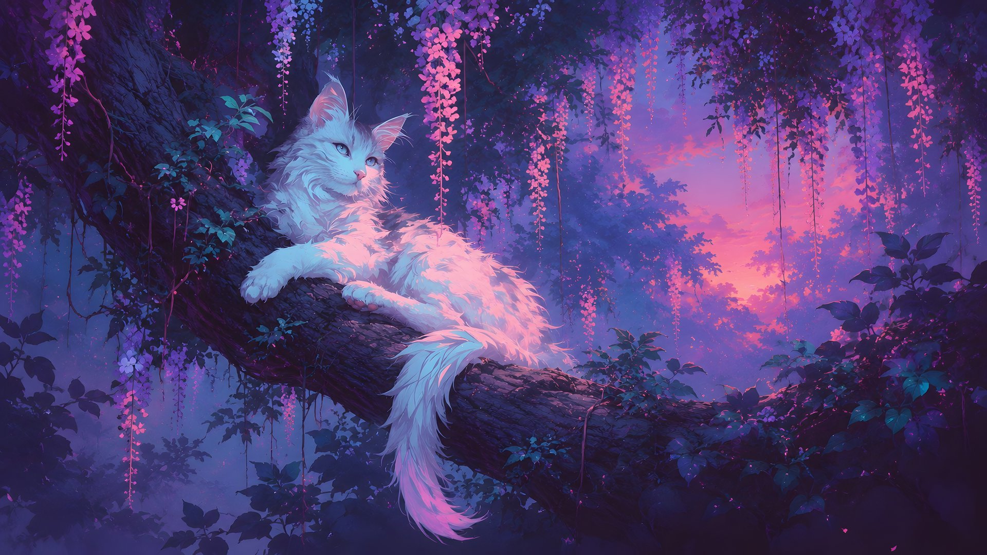 Maine Coon on a Branch at Twilight - Full HD wallpapers in 1920x1080 resolution
