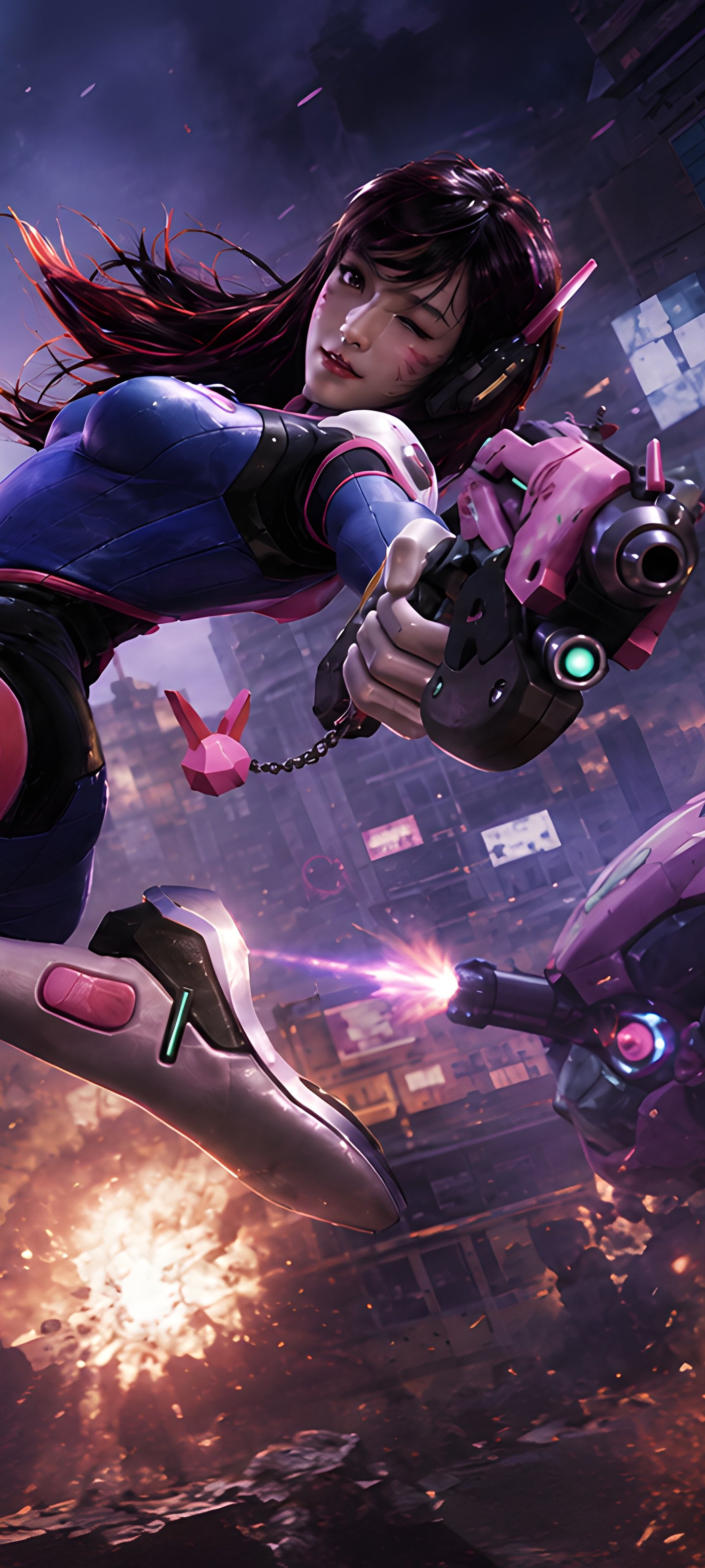 D.Va из Overwatch и боевым роботом в бою - Обои для Xiaomi 13 Ultra/14 Ultra/15 Ultra/17 Pro Max, Samsung Galaxy S20/S20 Ultra/S21 Ultra в разрешении 1440x3200