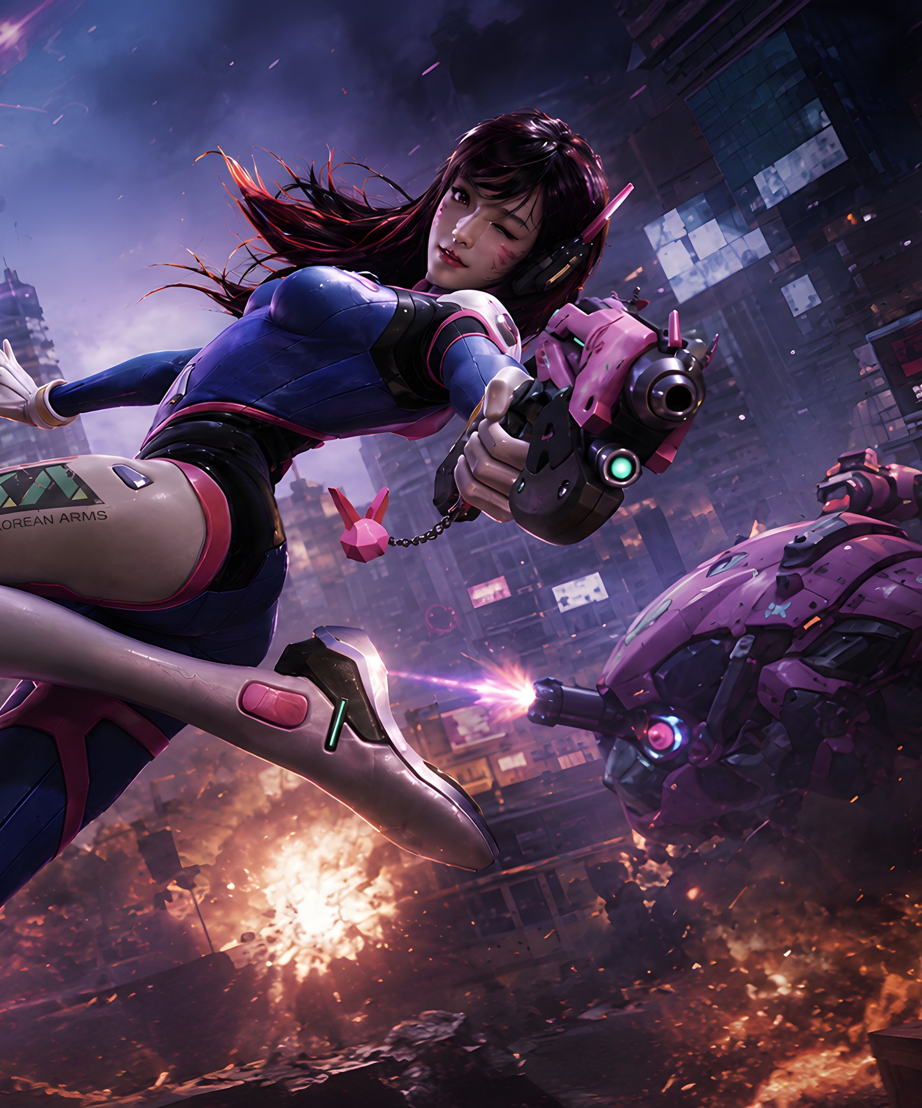 D.Va из Overwatch и боевым роботом в бою - Обои для Samsung Galaxy Z Fold4/Z Fold5/Z Fold6 в разрешении 1812x2176