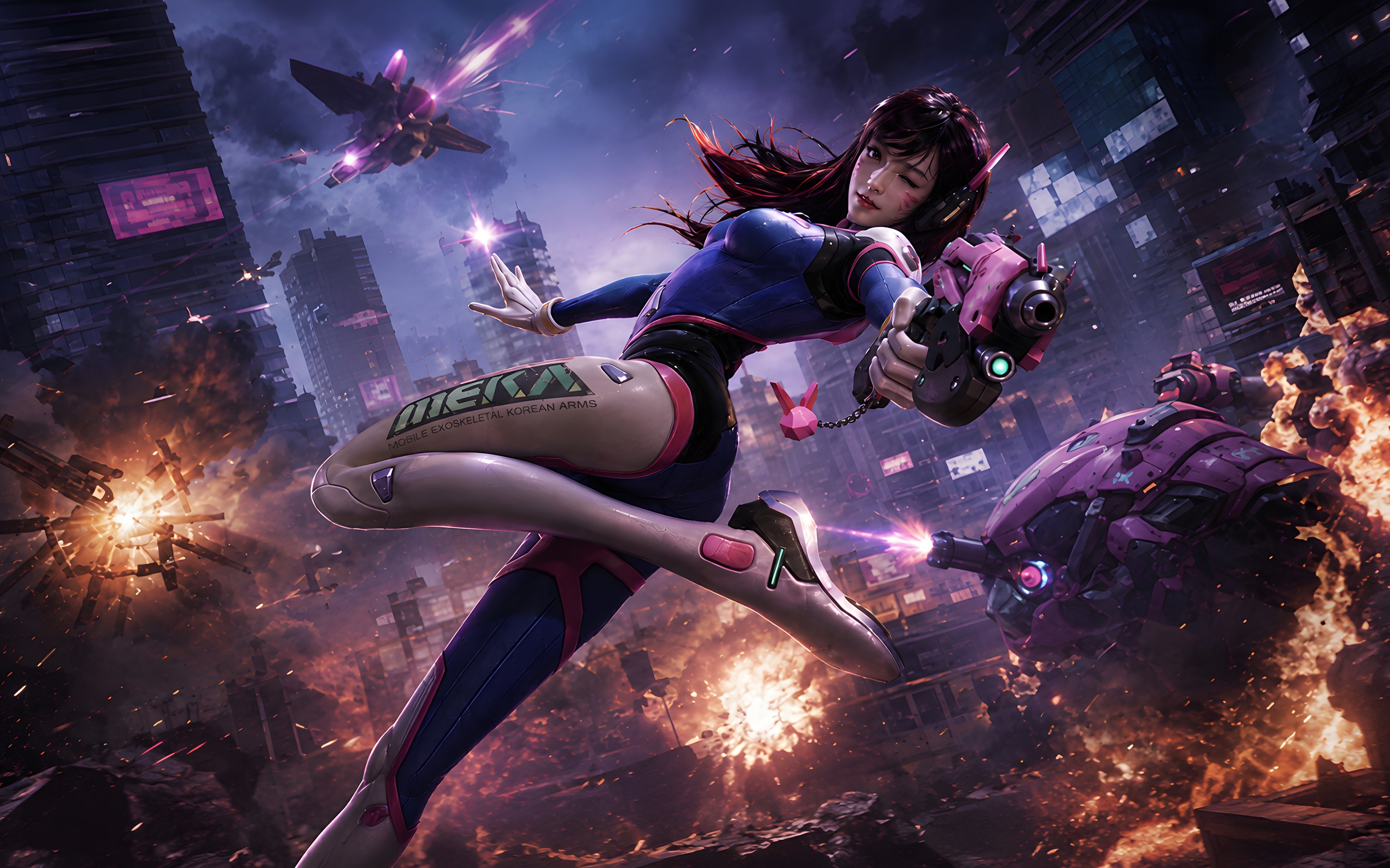 D.Va из Overwatch и боевым роботом в бою - Обои для Apple MacBook 15″ в разрешении 2880x1800