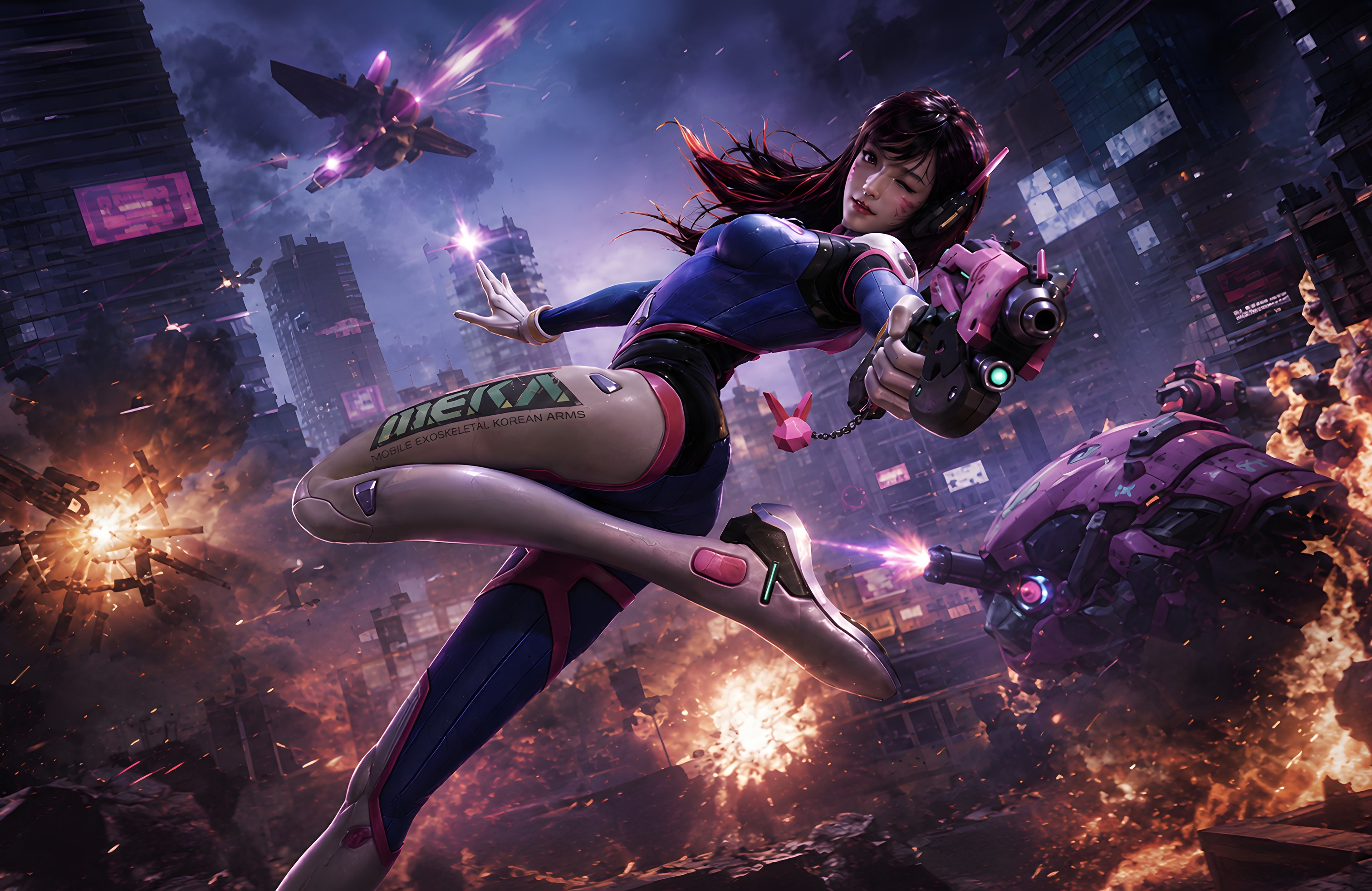 D.Va из Overwatch и боевым роботом в бою - Обои для Apple MacBook 14.2″ в разрешении 3024x1964