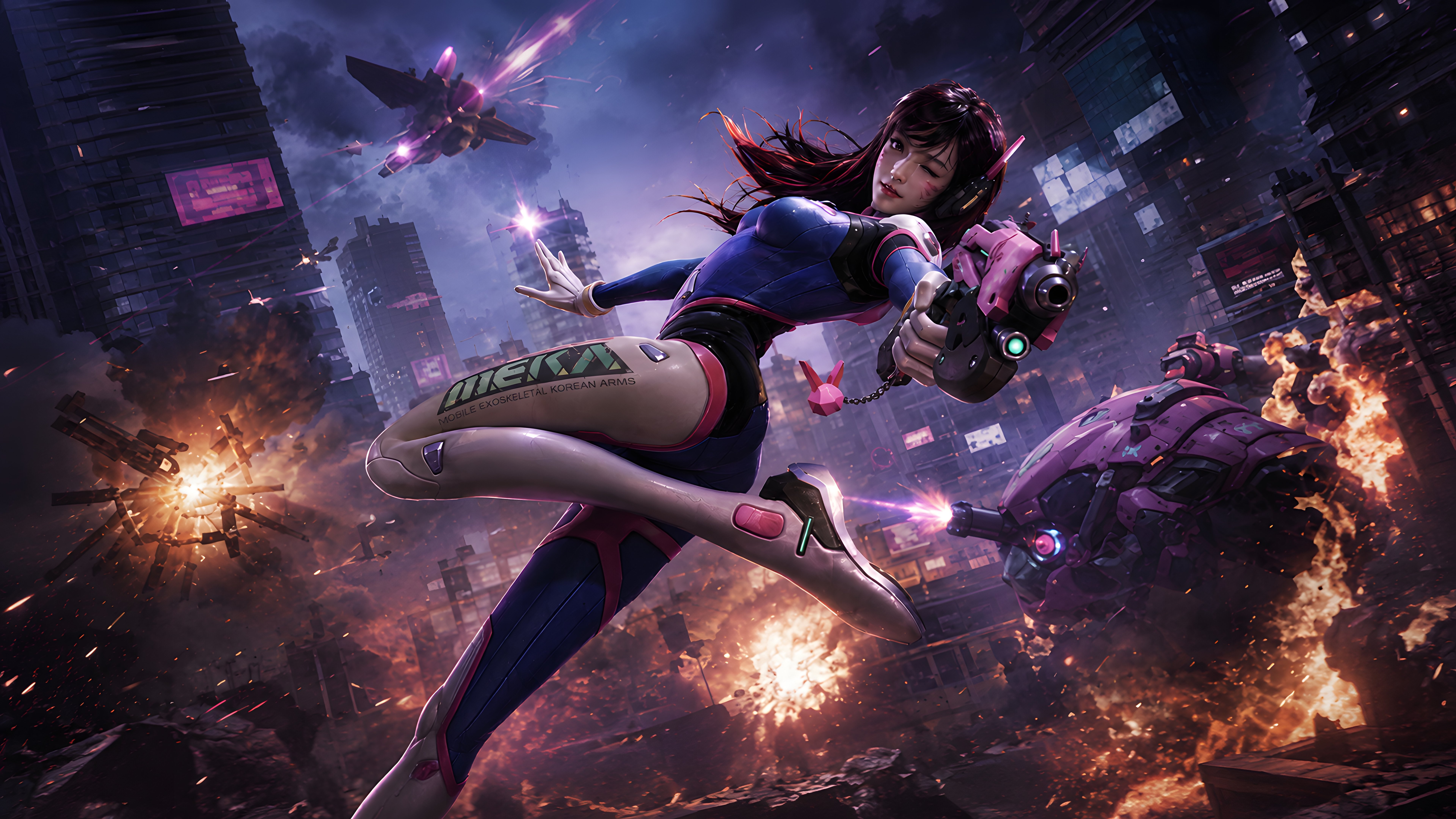 D.Va из Overwatch и боевым роботом в бою - 8K обои в разрешении 7680x4320