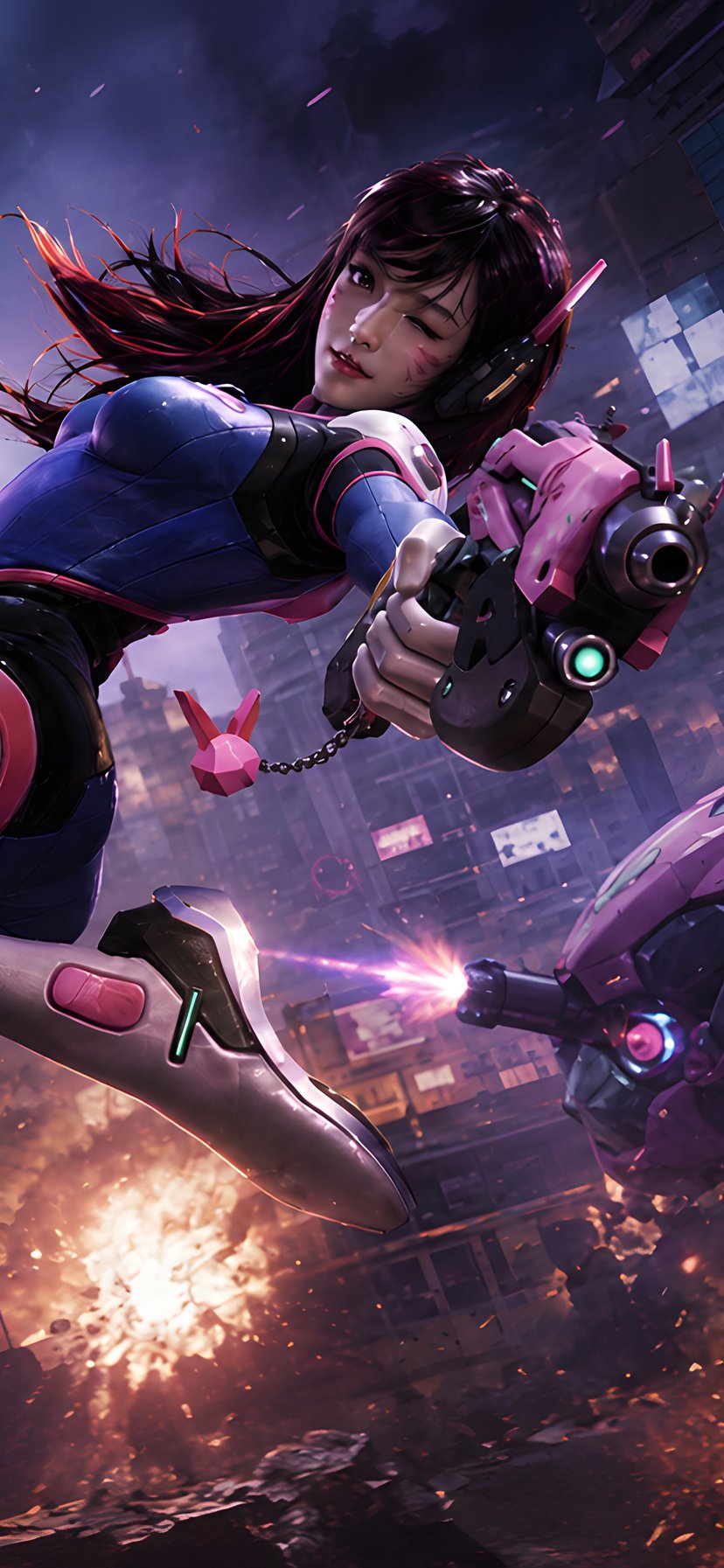 D.Va из Overwatch и боевым роботом в бою - Обои для iPhone 11/XR в разрешении 828x1792