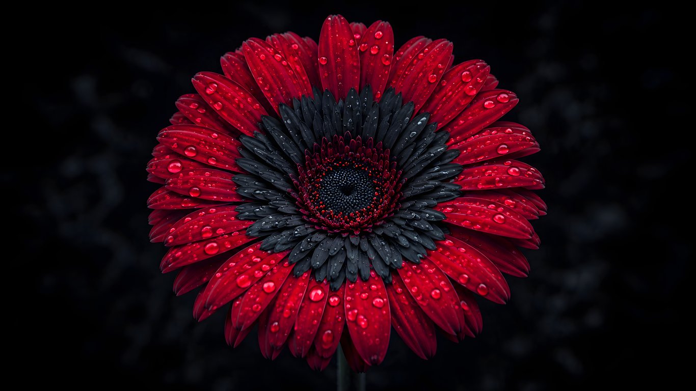 Red and Black Gerbera with Dew - Laptop Wallpapers in 1366x768 resolution