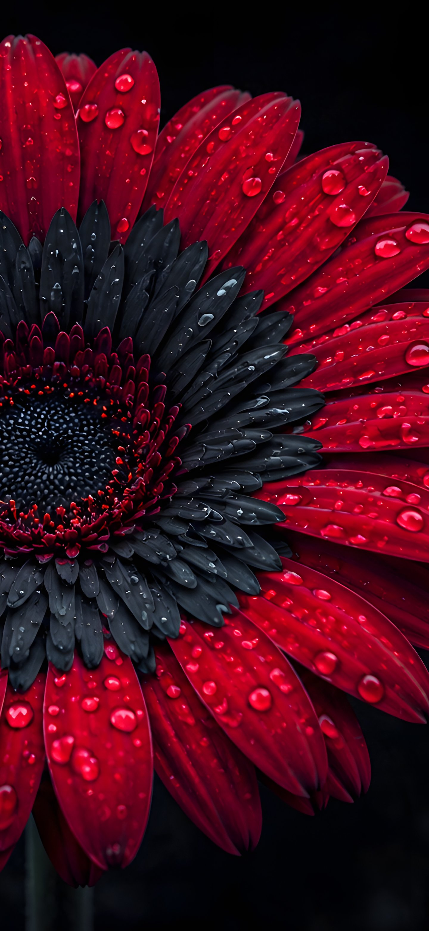 Red and Black Gerbera with Dew - Wallpapers for Samsung Galaxy S24/S24 Ultra/S25 Ultra/S25+/S26 Ultra in 1440x3120 resolution