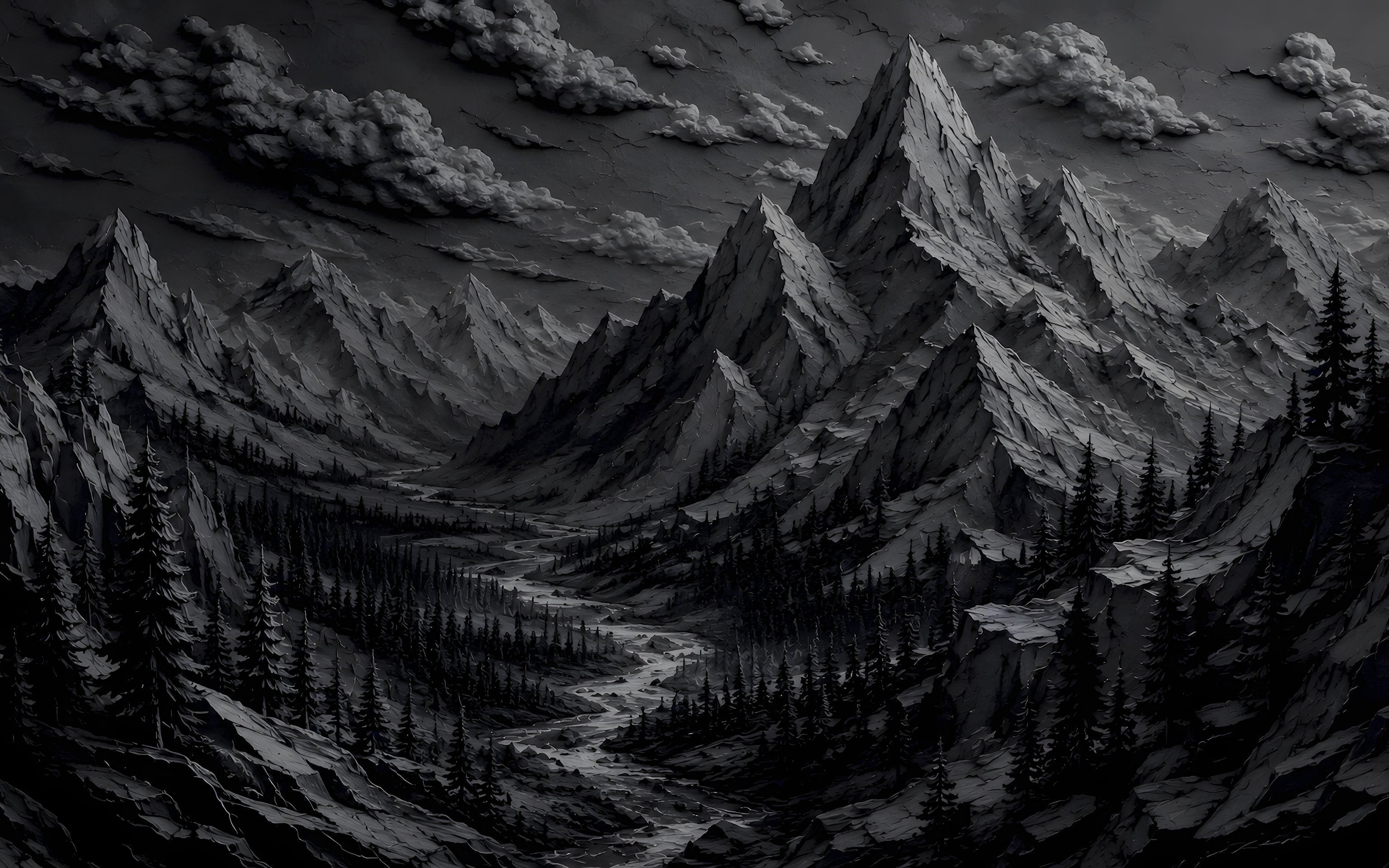 Black and White Mountain Valley - Wallpapers for Apple MacBook 16″ in 3072x1920 resolution